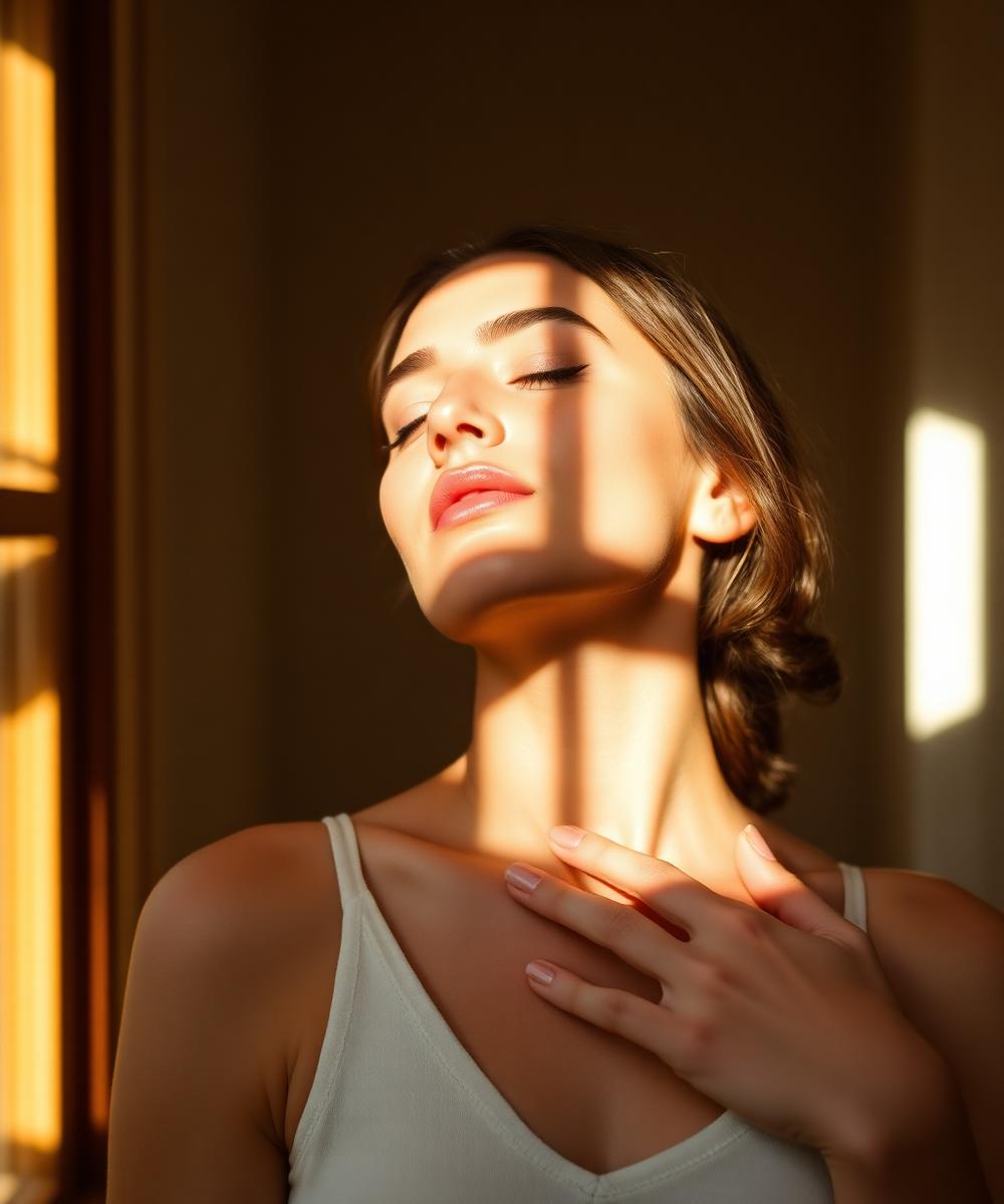 Mulher respirando fundo, mão sobre o peito